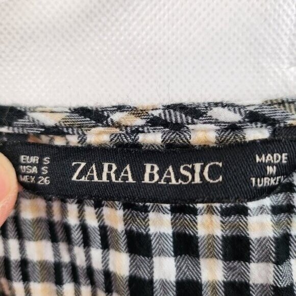 Zara Basic Womens Blouse Top Small Beige Black Plaid 3/4 Sleeve Preppy Academia - Picture 3 of 6